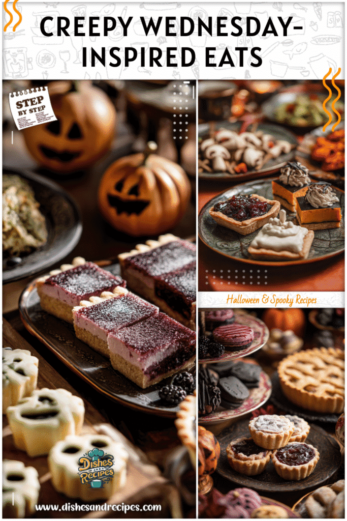 Home 31 Plates of Wednesday Themed Food and Spooky Pie styled for a Halloween tea table.