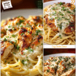 White Chicken Parmesan Pasta Recipe Anyone Can Make 5 Plate of white chicken parmesan pasta topped with creamy sauce and parsley for Good Easy Dinners.
