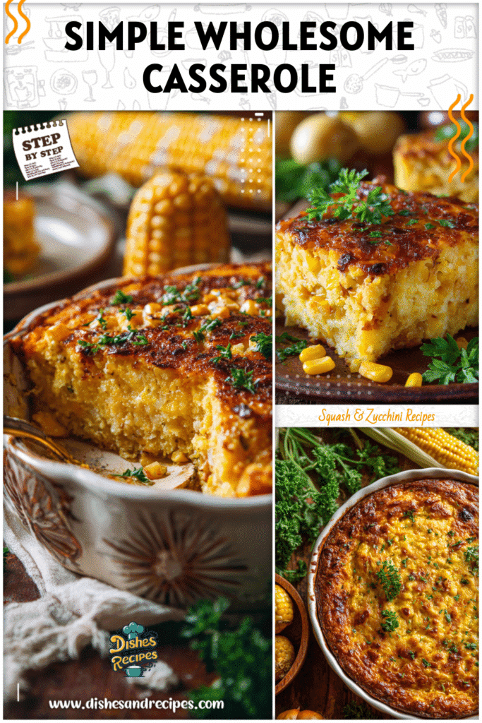 Tender baked corn squash casserole with golden crust and parsley on a rustic table