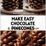 Three chocolate pinecones on a plate styled as a festive Pinecone Dessert for Christmas Menu.