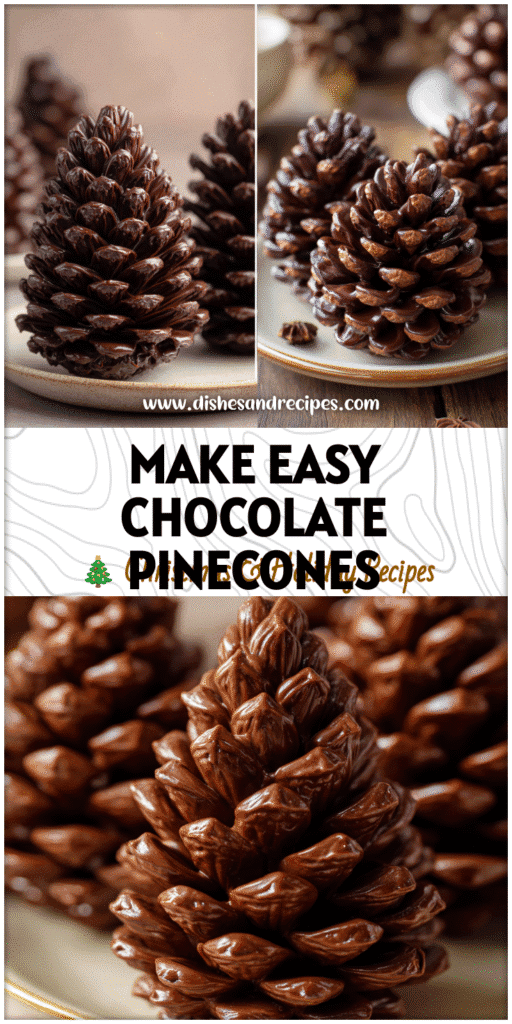 Three chocolate pinecones on a plate styled as a festive Pinecone Dessert for Christmas Menu.