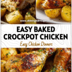 Baked Garlic Parmesan Chicken and Potatoes Crockpot Meal Idea 5 Crockpot filled with baked garlic parmesan chicken drumsticks and golden potatoes ready to serve.