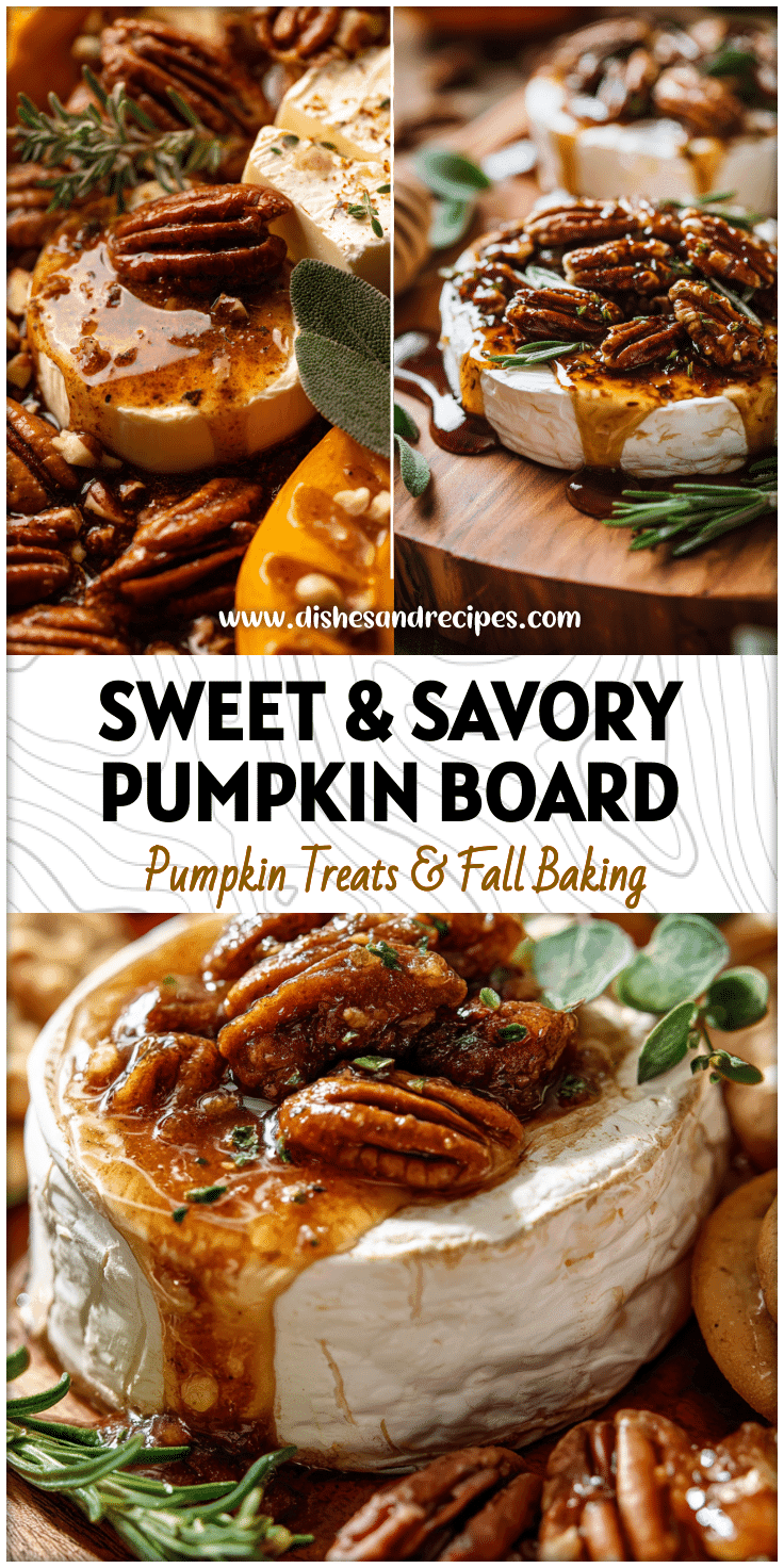 A creamy Brie Pumpkin Butter Board with brown sugar drizzle, pecans, and seasonal herbs for Thanksgiving.