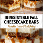 Golden caramel apple cheesecake bars layered on graham cracker crust topped with caramel drizzle.