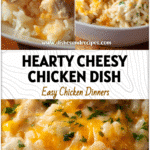 Cheesy Chicken Hot Dish with Rice 5 Cheesy chicken and rice hot dish baked with creamy sauce and melted cheese topping