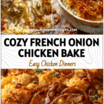 Cozy French Onion Chicken Rice Bake with Crispy Onions 5 Golden French Onion Chicken and Rice Bake topped with crispy onions in a rustic casserole dish.