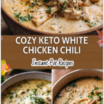 Creamy Keto White Chicken Chili in the Instant Pot 5 Bowl of creamy Keto White Chicken Chili Instant Pot topped with herbs and shredded chicken.