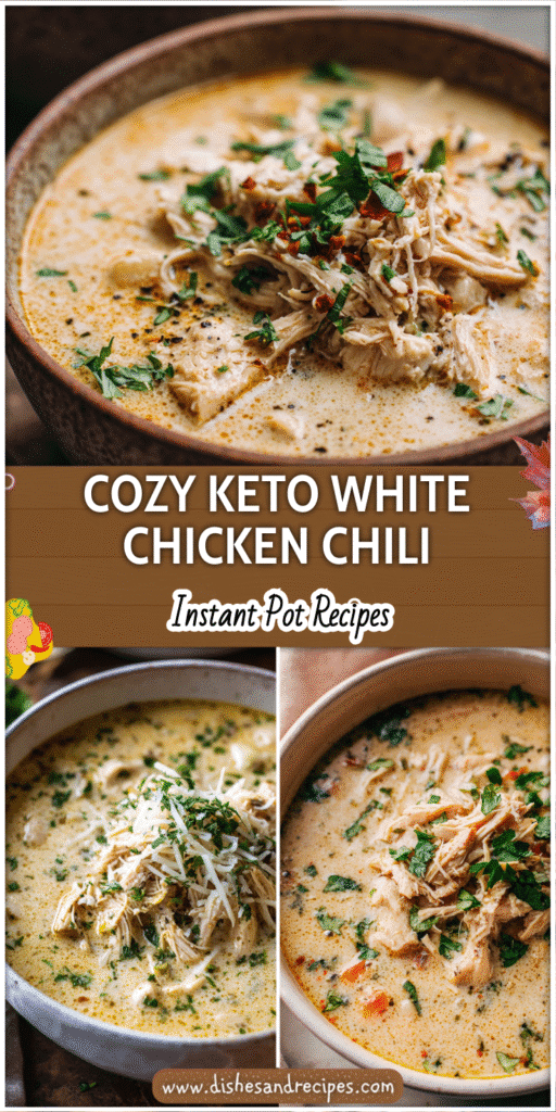Home 14 Bowl of creamy Keto White Chicken Chili Instant Pot topped with herbs and shredded chicken.