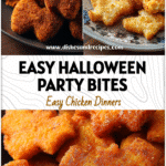 Cute Bat-Shaped Chicken Nuggets for Easy Halloween Parties 5 Close-up of baked bat-shaped chicken nuggets on a festive Halloween-themed plate.