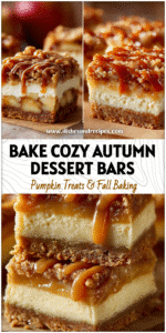 Close view of caramel apple crisp cheesecake bars with spiced apple topping and caramel swirls.