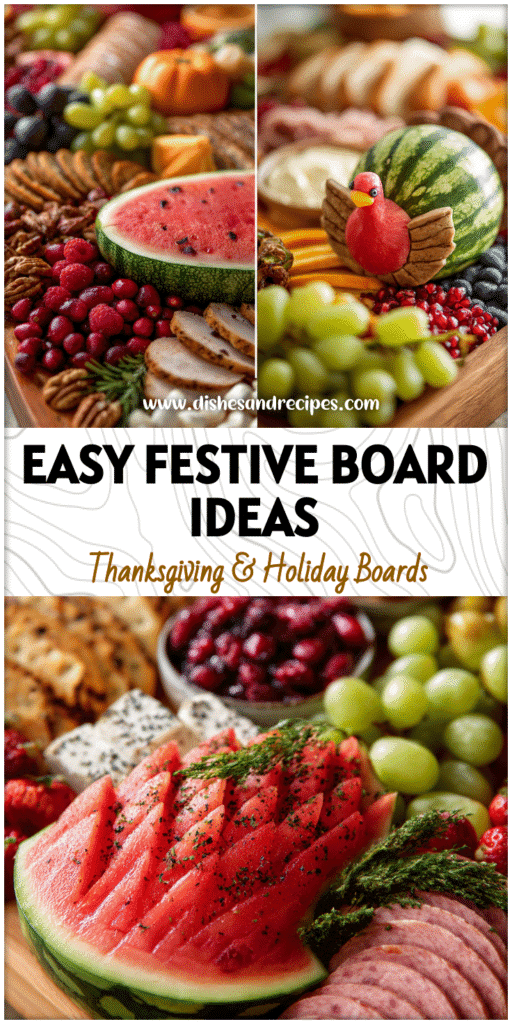 Easy Charcuterie Board Thanksgiving setup with Watermelon Turkey centerpiece and colorful Thanksgiving Festive Food arrangements.