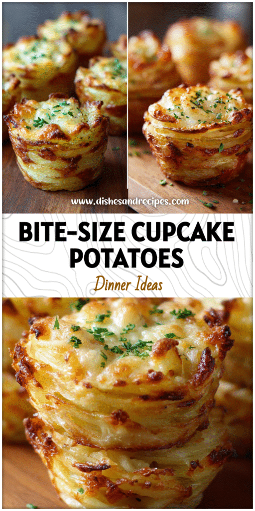 Home 19 Close-up of cupcake-shaped muffin tin potatoes with golden stacked layers and melted cheese topping.