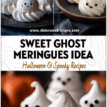 Easy Ghost Meringues Recipe for Spooky Halloween Treats 5 Plate of spooky Ghost Meringue cookies styled as Halloween Meringues with cute faces on a dark background.