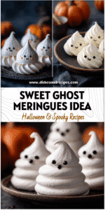 Plate of spooky Ghost Meringue cookies styled as Halloween Meringues with cute faces on a dark background.