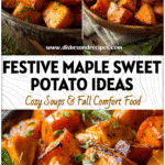 Easy Maple Yams and Sweet Potato Ideas for Christmas 5 Baked Maple Yams and sweet potatoes served in a rustic dish with festive holiday decor.