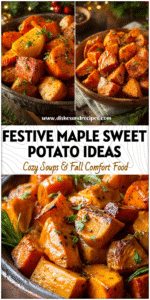 Home 29 Baked Maple Yams and sweet potatoes served in a rustic dish with festive holiday decor.