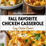 Fall Comfort: Cheesy Cauliflower Rice Casserole With Chicken 5 Warm cheesy chicken cauliflower rice casserole served on a rustic wooden table.