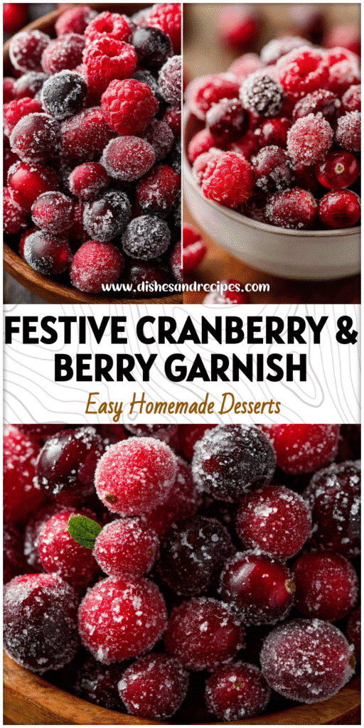 Bowl of sugared cranberries and raspberries used as a decorative holiday fruit garnish