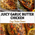 Garlic Butter Baked Chicken Breast Recipe for Juicy Oven Perfection 5 Golden baked garlic butter chicken breast served in a pan with herbs and sliced lemon.