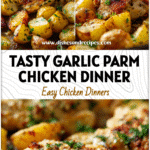 Garlic Parmesan Chicken & Potatoes | Easy Sheet Pan Dinner 5 Sheet pan of Garlic Parmesan Chicken and Potatoes with golden edges and fresh herbs ready for serving.