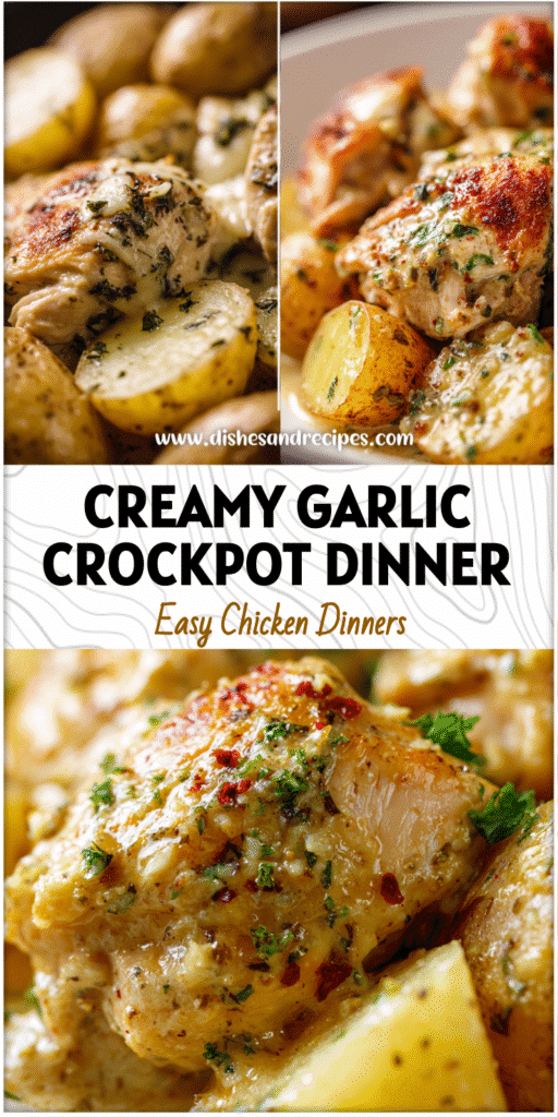 Home 11 Golden Garlic Parmesan Chicken and Potatoes in a crockpot with creamy baked texture and herbs.