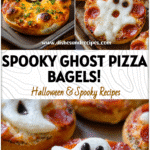 Ghost Pizza Bagels: Spooky & Fun Halloween Appetizer Idea! 5 Mini pizza bagels shaped like ghosts on a tray for kids Halloween party food.