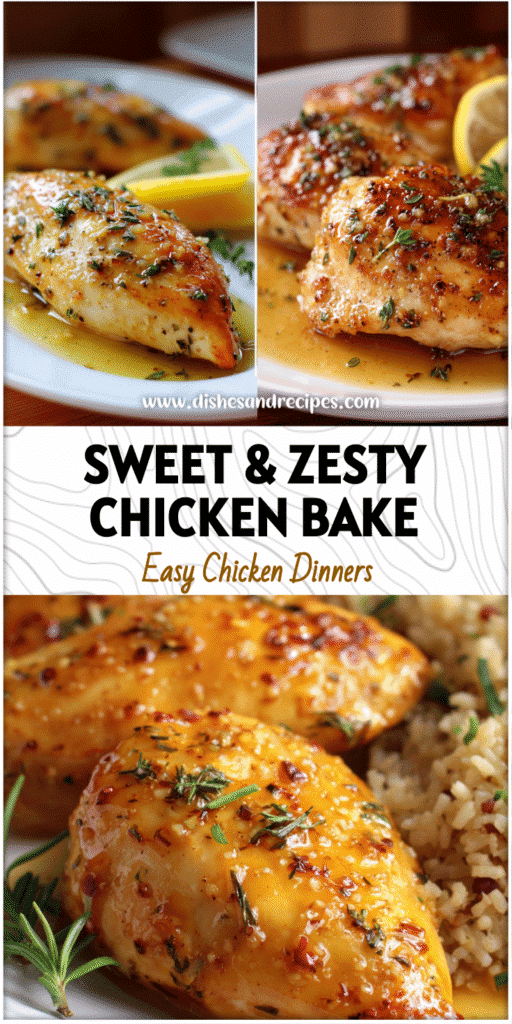 Baked honey lemon chicken breasts glazed with golden sauce and herbs on a white plate.