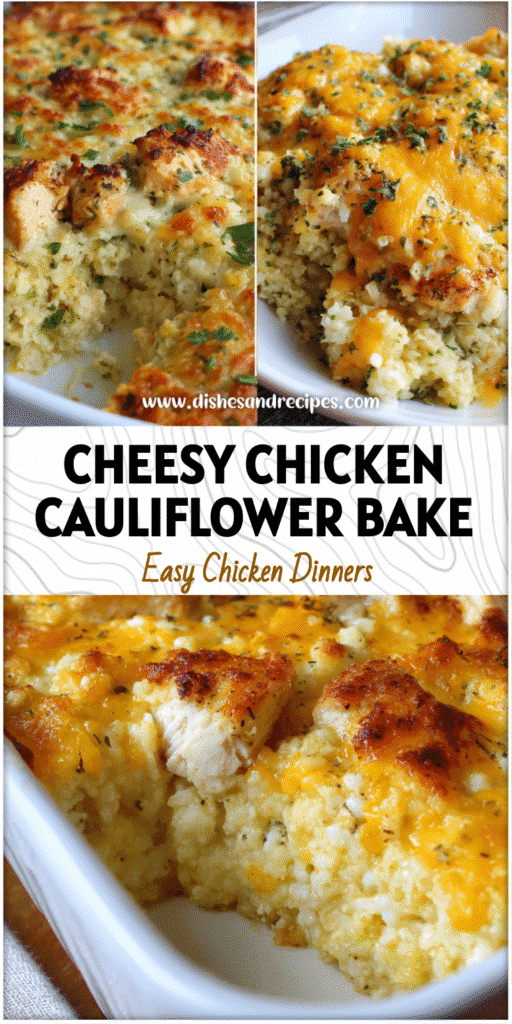 Baked cheesy chicken cauliflower rice casserole topped with golden melted cheese in a white dish.