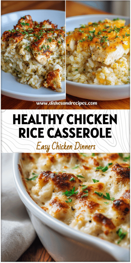 Home 36 Healthy baked chicken and brown rice casserole topped with green herbs on a wooden table