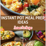 Healthy Meal Prep Instant Pot Recipes for Quick Lunches 5 Colorful prepped lunches with grains, vegetables, and protein from healthy Instant Pot recipes.