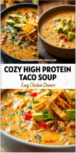 Creamy bowl of High Protein Chicken Taco Soup topped with cheese, avocado, and tortilla strips.