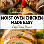 How To Make Chicken In The Oven That Stays Moist 5 Moist baked chicken breast slices accompanied by roasted vegetables showing oven technique.