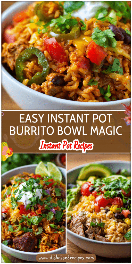 Colorful Instant Pot Burrito Bowl with rice, chicken, beans, vegetables, and fresh toppings in a white bowl.