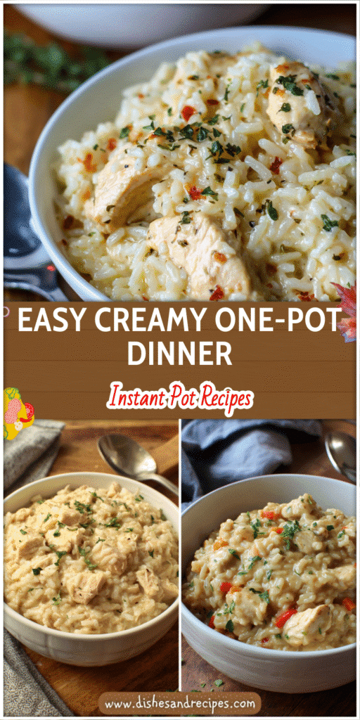 Creamy Instant Pot chicken and rice served in a bowl with herbs and spoon beside it
