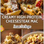 Instapot High-Protein Philly Cheesesteak Mac & Cheese | 40g Protein Comfort 5 Bowl of creamy High Protein Philly Cheesesteak Pasta topped with melted cheese and steak strips.