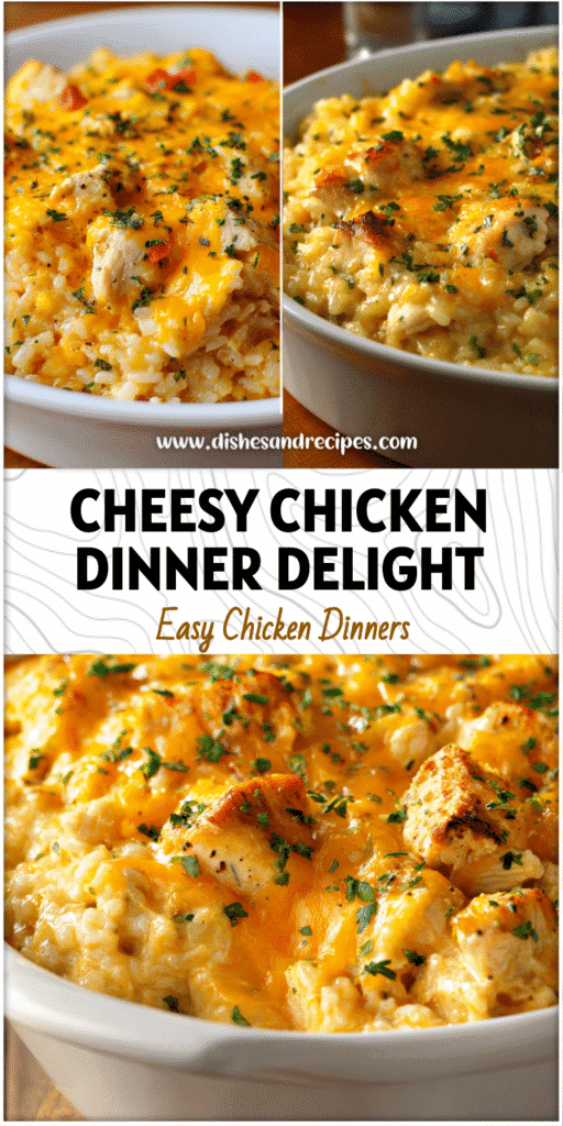 Home 29 Golden baked cheesy chicken casserole topped with melted cheese and herbs served in a white dish.