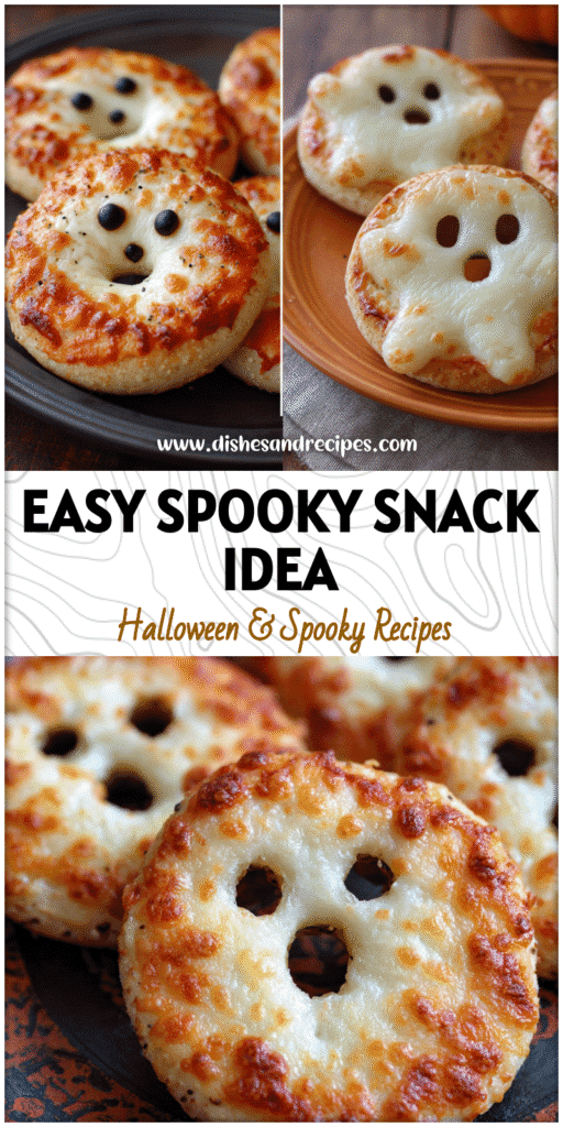 Cute ghost shaped pizza bagels served on a festive Halloween plate.