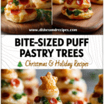 Mini puff pastry Christmas tree sliders filled with cheese and pepperoni arranged on a wooden board.