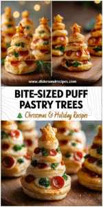 Home 4 Mini puff pastry Christmas tree sliders filled with cheese and pepperoni arranged on a wooden board.