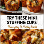 Mini Stuffing Cups & Turkey Cubes for Thanksgiving 5 Mini stuffing cups filled with golden baked turkey cubes and herbs displayed on a festive platter.