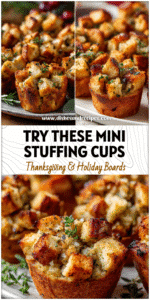 Home 27 Mini stuffing cups filled with golden baked turkey cubes and herbs displayed on a festive platter.
