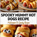 Golden brown Mummy Hot Dogs wrapped in crescent rolls with candy eyes on a Halloween-themed plate.