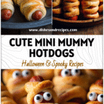 Mummy Mini Hotdogs: The Cutest Halloween Mummy Hot Dog Treats 5 Mini Mummy Hot Dogs wrapped in crescent dough with eyes displayed on a spooky Halloween platter.