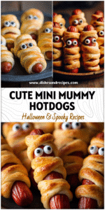 Home 2 Mini Mummy Hot Dogs wrapped in crescent dough with eyes displayed on a spooky Halloween platter.