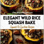 Mushroom & Wild Rice Stuffed Acorn Squash | Elegant Fall Side Dish 5 Halved acorn squash filled with mushroom and wild rice mixture on a rustic baking tray