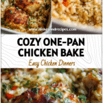 One-Pan Chicken and Rice Bake Dinner 5 Golden brown one-pan chicken and rice casserole baked with herbs and vegetables in a white dish