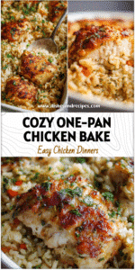 Golden brown one-pan chicken and rice casserole baked with herbs and vegetables in a white dish