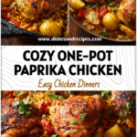 One-Pot Paprika Chicken with Potatoes and Rice 5 Golden One-Pot Paprika Chicken Thighs with potatoes and rice in a rustic skillet
