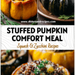 Baked pumpkin stuffed with wild rice, sausage, and herbs served as a cozy acorn squash wild rice recipe
