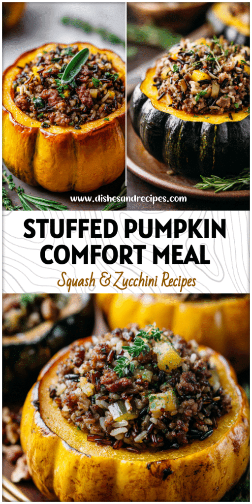 Home 29 Baked pumpkin stuffed with wild rice, sausage, and herbs served as a cozy acorn squash wild rice recipe